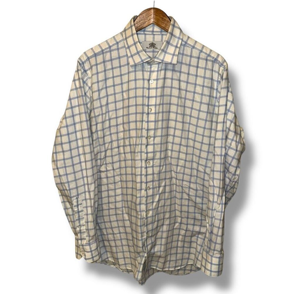 Oxxford Clothes White & Blue Check Flannel Button Down Shirt L